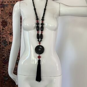 27” Black and Red Lucite w 5” Tassel Asian Inspired Necklace
